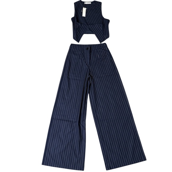 Commense Pants - Commense Dark Blue Striped Wide-Leg Jumpsuit